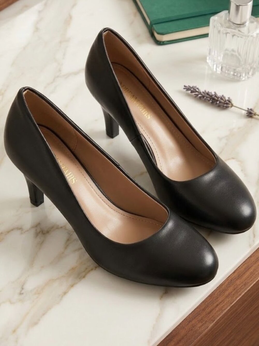 New Dream Pairs Black Round-Toe Classic Kitten Heel Pumps, 8.5